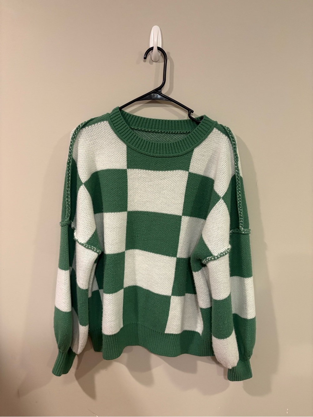 Green & White Check Crewneck Sweater